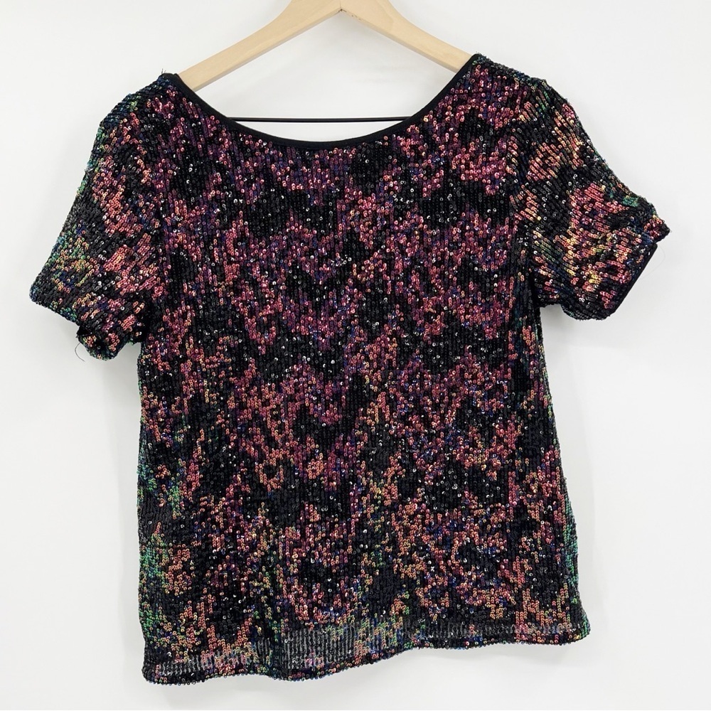 Sanctuary Multicolor Sequin Scoop Back Short Sleeve Top Size S Evening Event